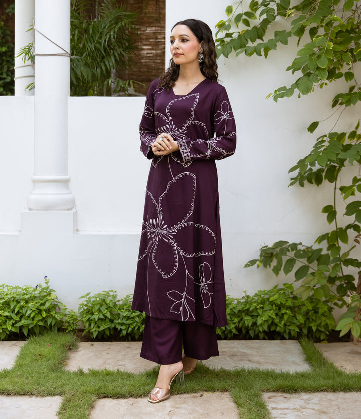 Nehamta Women's Wine German Rayon Kurta & Palazzo Set