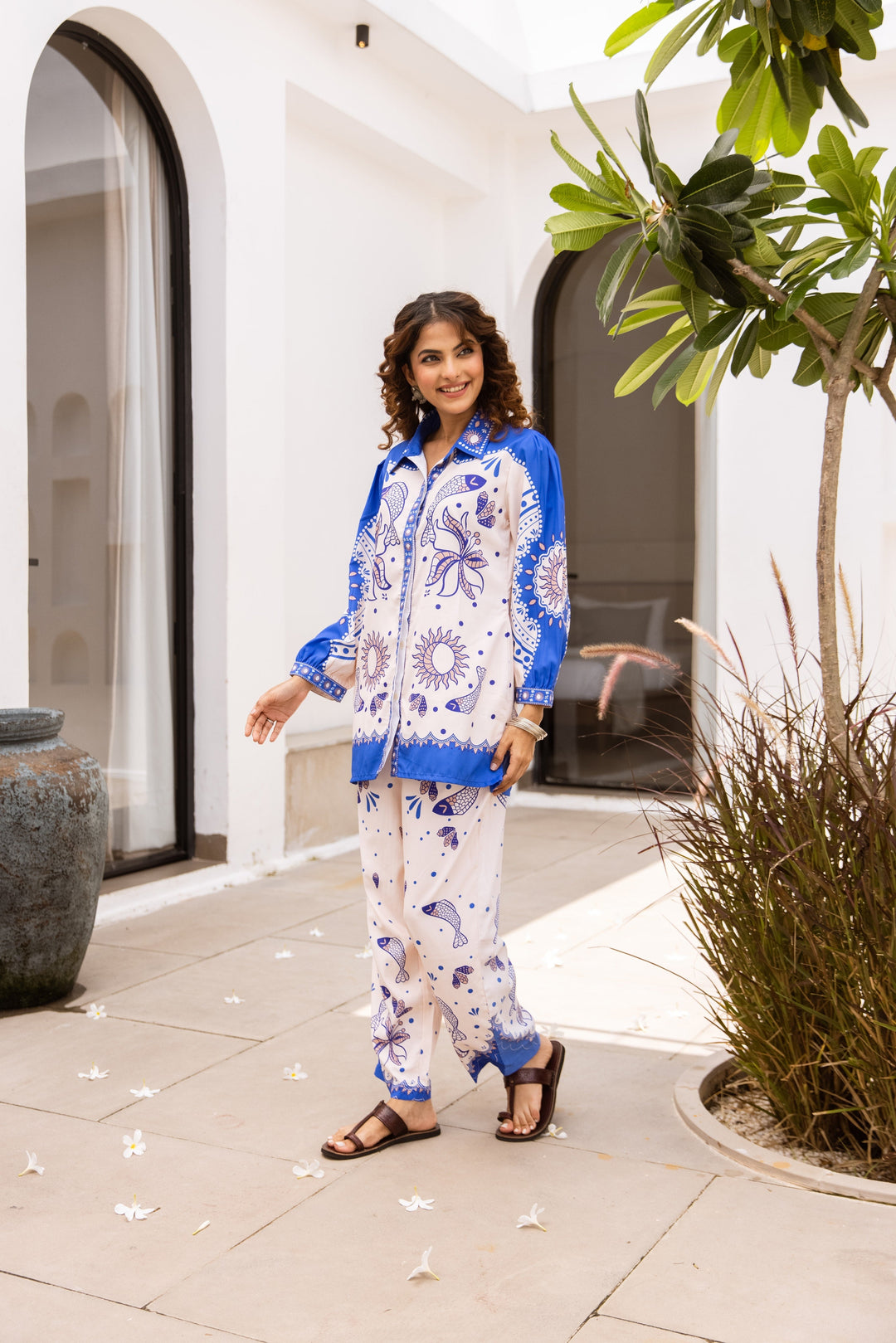 Nehamta Women's White:Blue Polyester Short Kurta With Pant Co-Ords Set