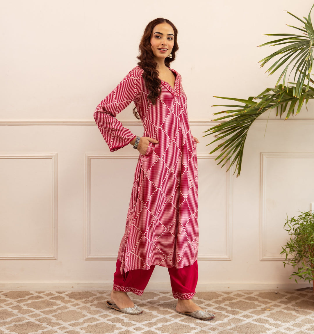 Nehamta Women's Rani Pink German Rayon Kurta With Palazzo Set