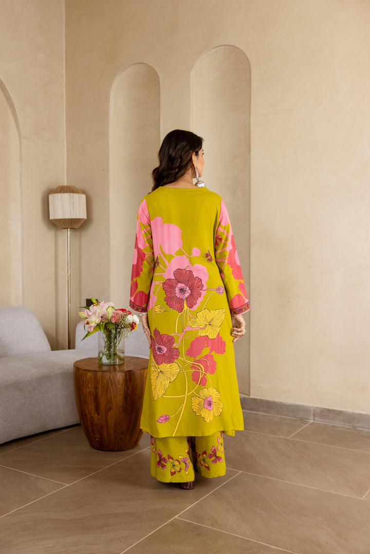 Nehamta Women's Lime Green German Rayon Kurta & Palazzo Set