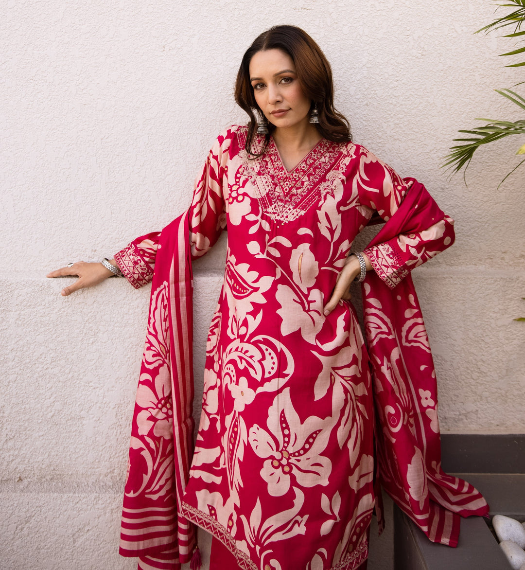 Nehamta Women's Rani Pink Modal Muslin Kurta, Palazzo & Dupatta Set