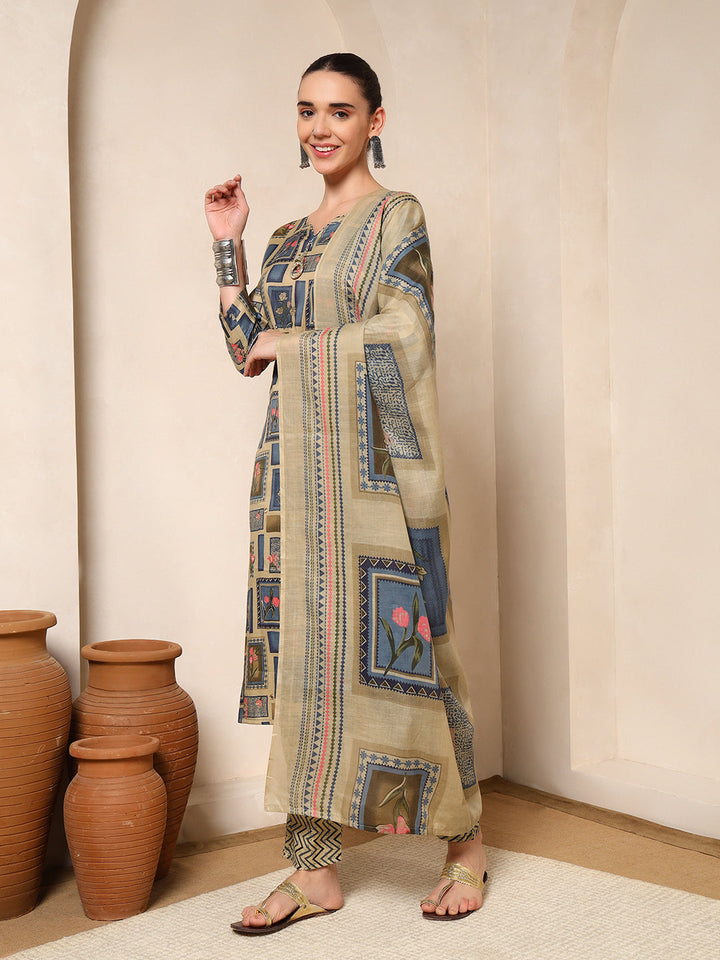 Nehamta Women's Blue Cotton rayon Kurta, Pant & Dupatta Set