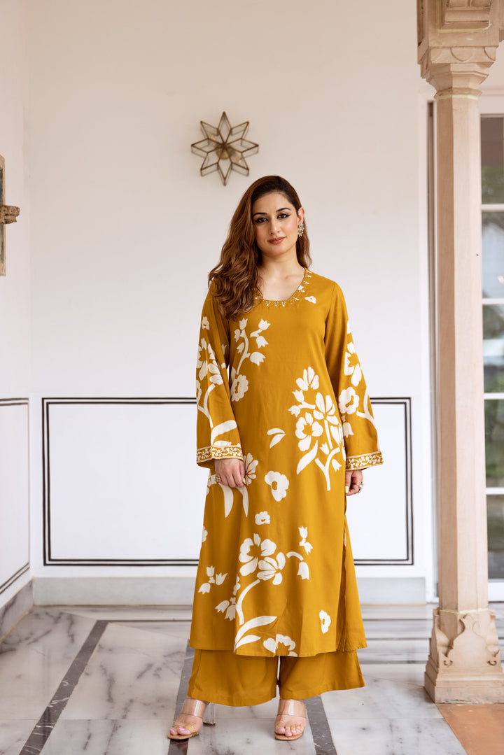Nehamta Women's Mustard Rayon Kurta & Palazzo Set