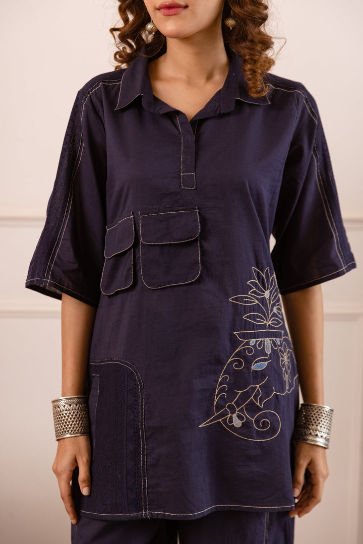 Nehamta Women's Navy Blue Pure Cotton Tunic with Pant Co-Ords Set