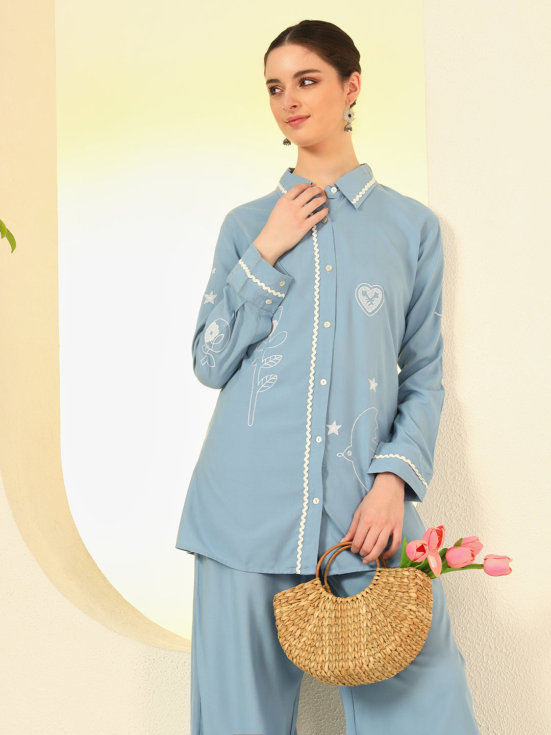 Nehamta Women's Dusty Blue Rayon Co-Ord Set