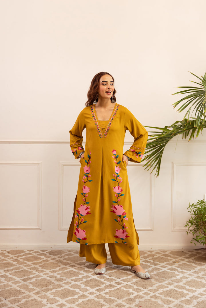 Nehamta Women's Mustard German Rayon Kurta & Palazzo Set