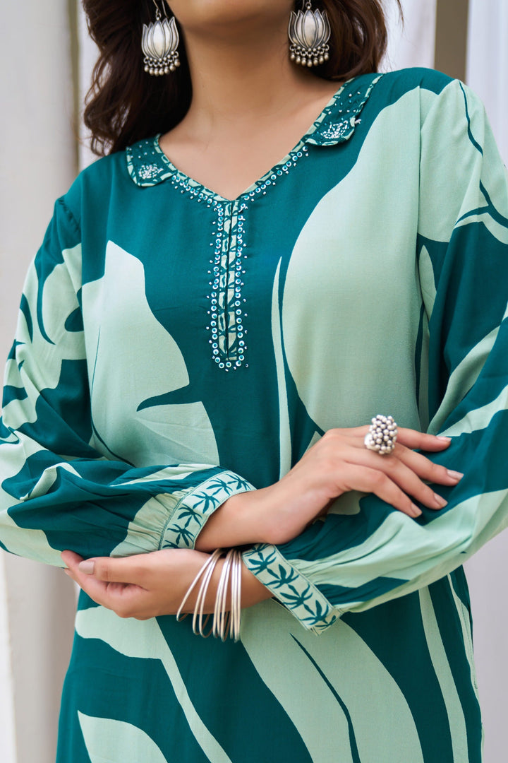 Nehamta Women's Teal Blue German Rayon Kurta & Palazzo Set