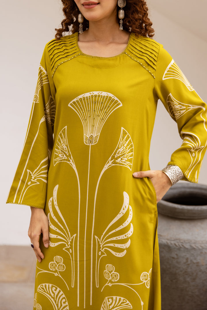 Nehamta Women's Lime Green German Rayon Kurta & Palazzo Set