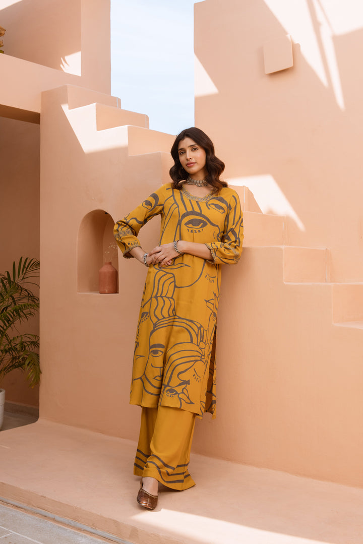 Nehamta Women's Mustard German Rayon Kurta & Palazzo Set