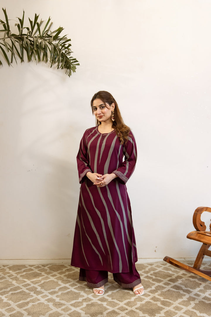 Nehamta Women's Wine-Grey German Rayon Kurta & Pant Set
