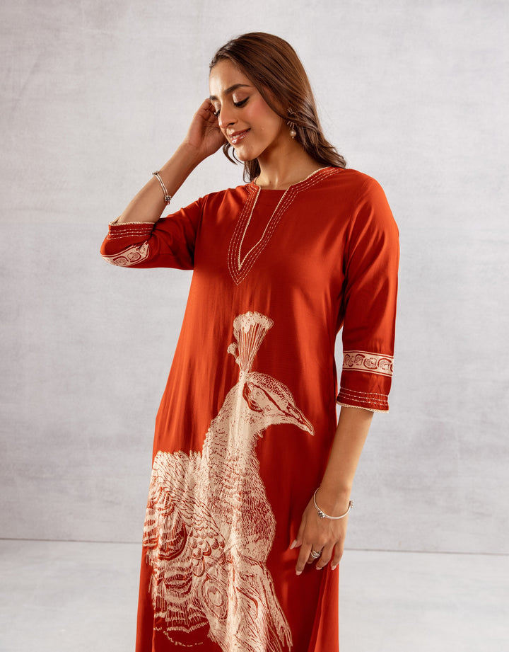 Nehamta Women's Rust German Rayon Kurta & Palazzo Set