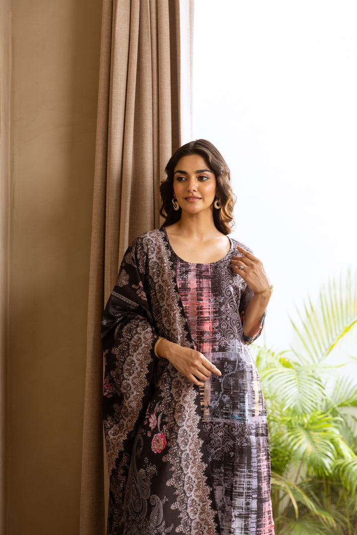 Nehamta Women's Black Viscose Muslin Kurta, Pant & Dupatta Set