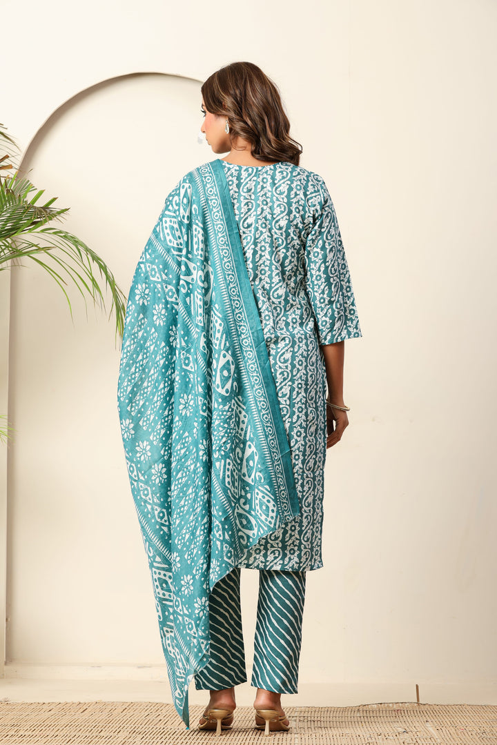 Nehamta Women's Teal Blue Cotton rayon Kurta, Pant & Dupatta Set
