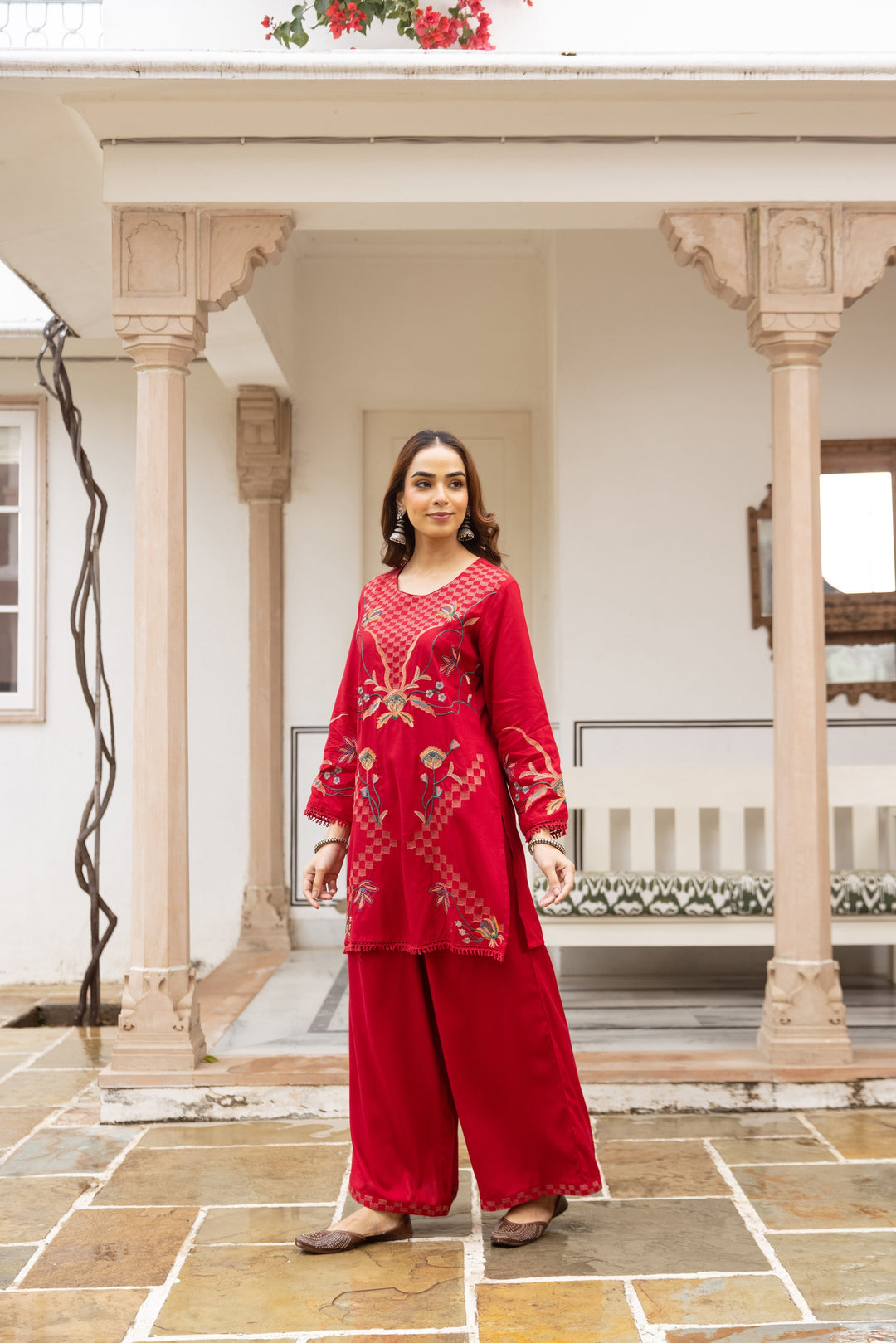 Nehamta Women's Red Rayon Kurta & Palazzo Set