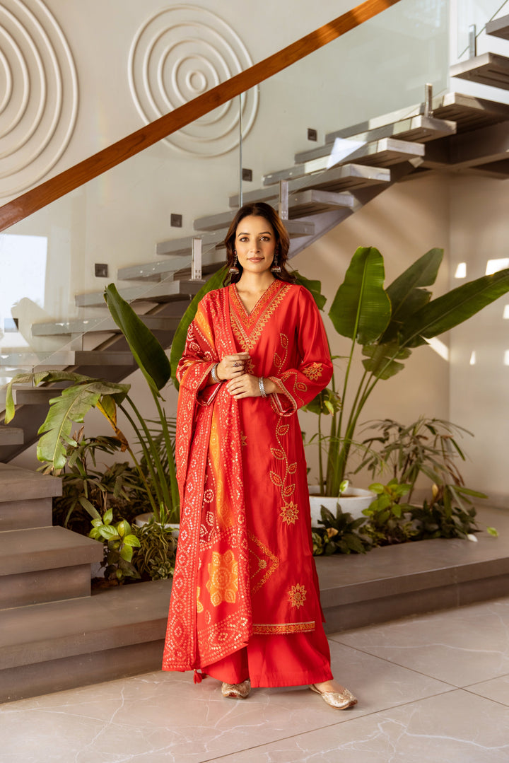 Nehamta Women's Red Modal Muslin Kurta With Palazzo Set