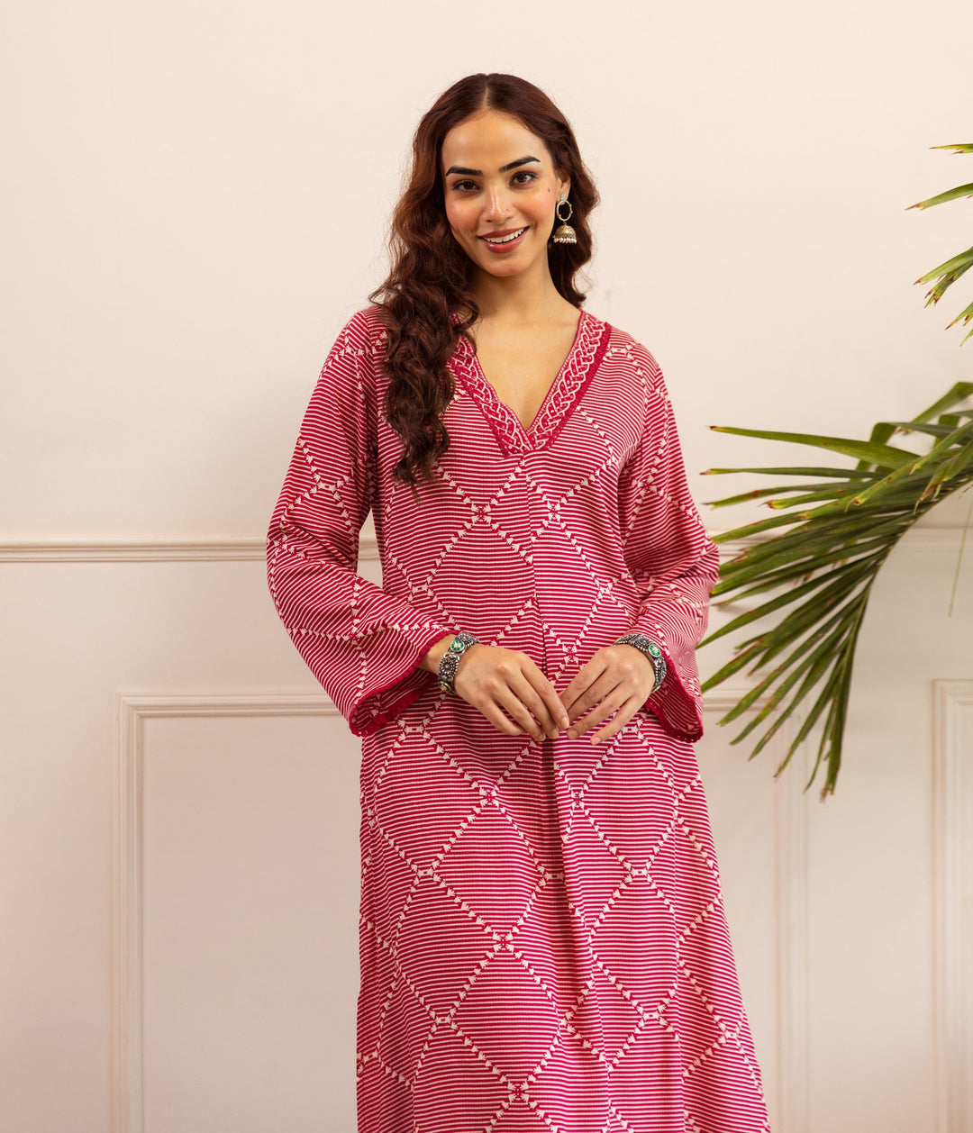 Nehamta Women's Rani Pink German Rayon Kurta With Palazzo Set