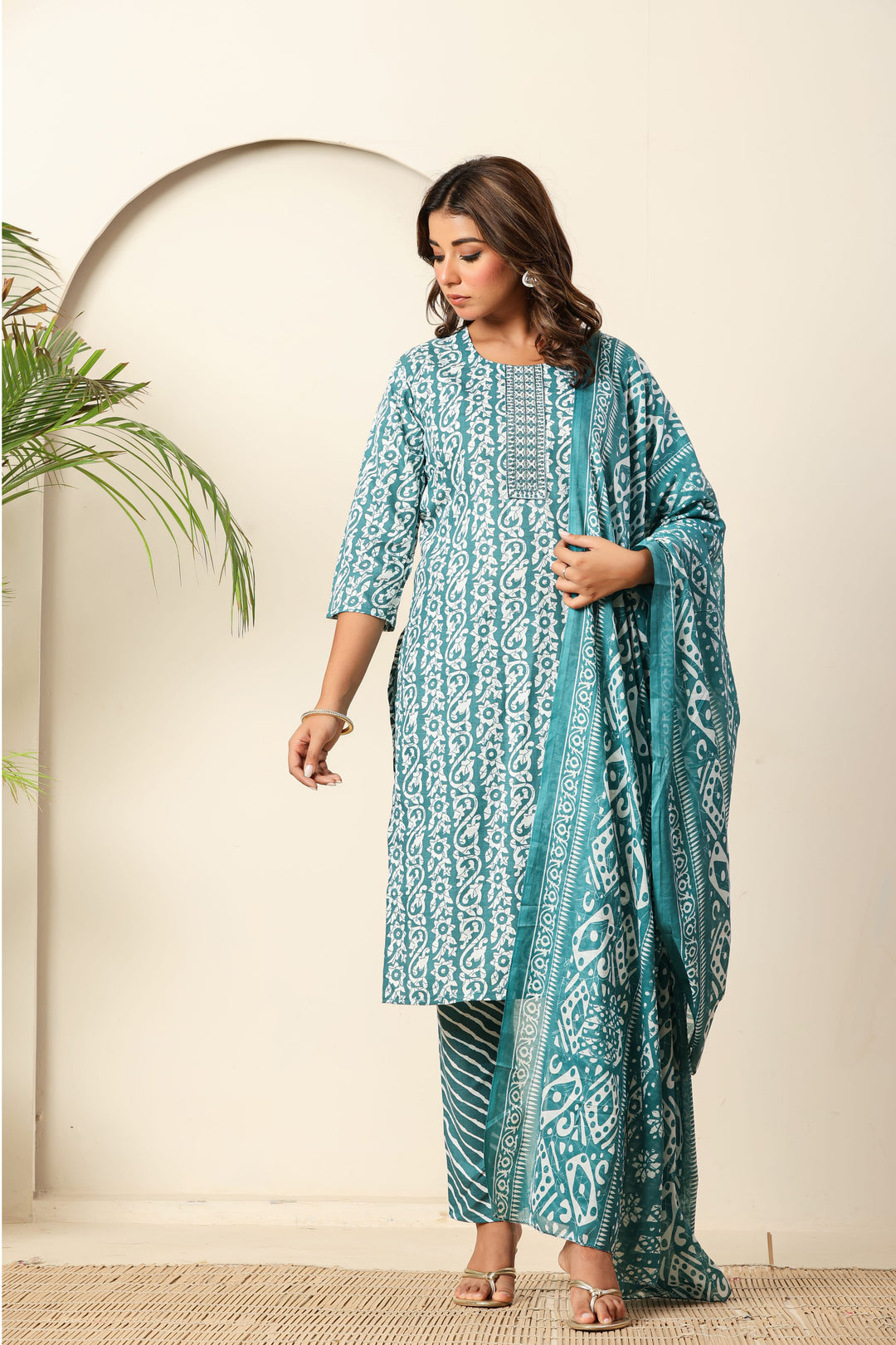 Nehamta Women's Teal Blue Cotton rayon Kurta, Pant & Dupatta Set