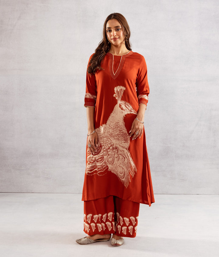 Nehamta Women's Rust German Rayon Kurta & Palazzo Set