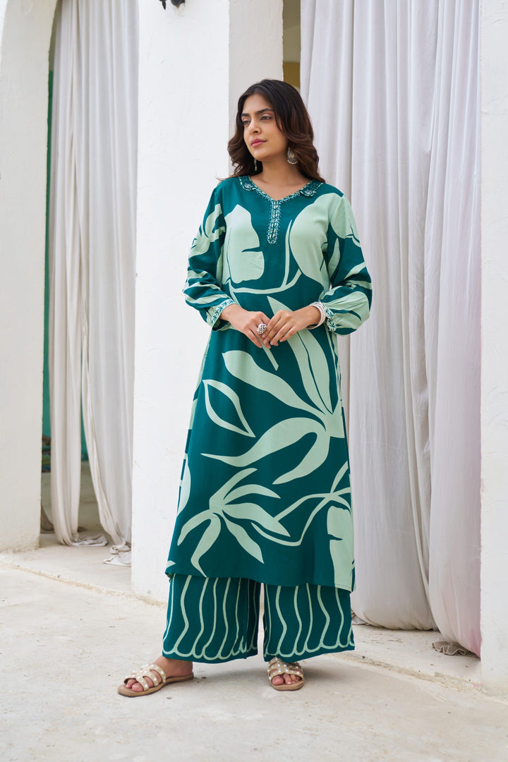Nehamta Women's Teal Blue German Rayon Kurta & Palazzo Set