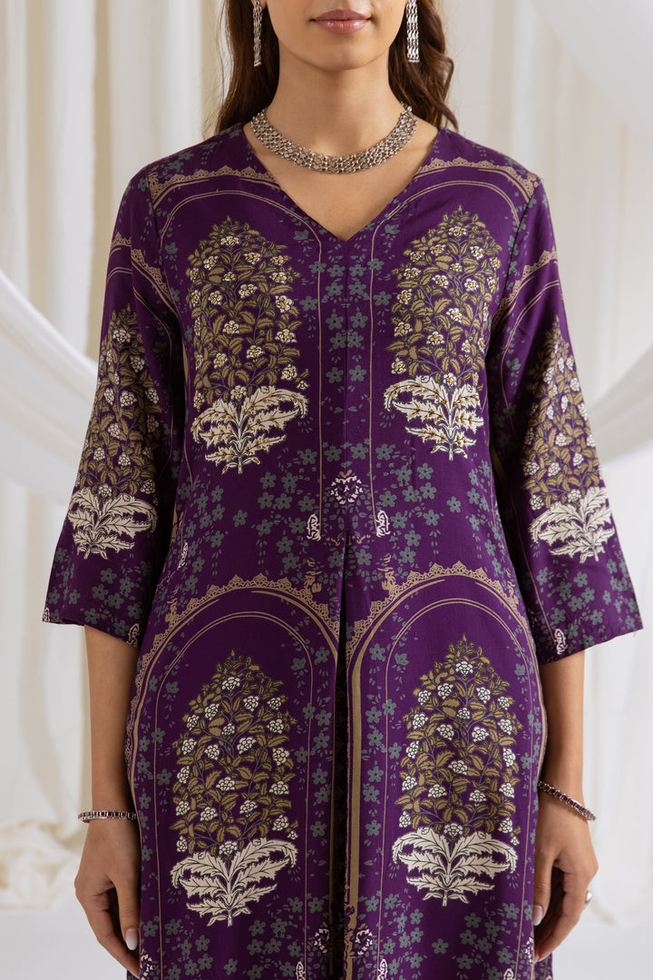 Nehamta Women's Purple German Rayon Kurta & Palazzo Set