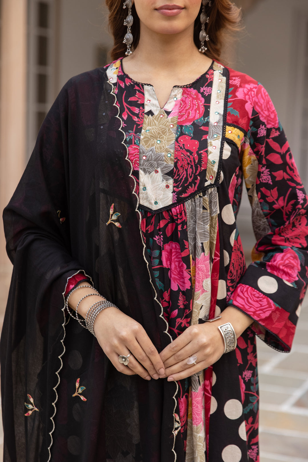 Nehamta Women's Black Cotton Kurta with Pant & Dupatta