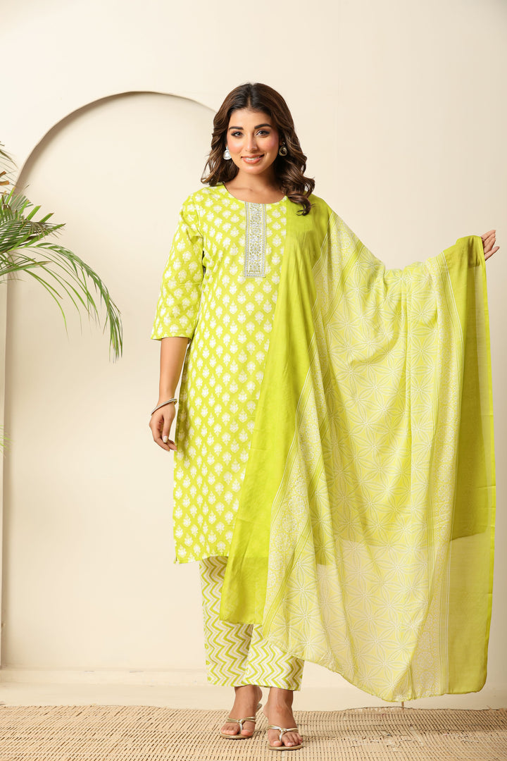 Nehamta Women's Lime Green Cotton rayon Kurta, Pant & Dupatta Set