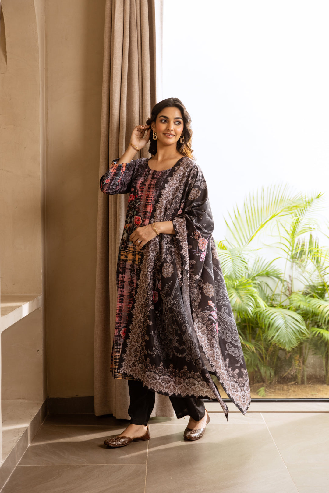 Nehamta Women's Black Viscose Muslin Kurta, Pant & Dupatta Set