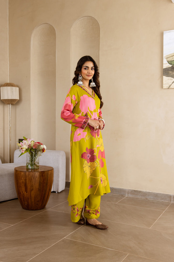 Nehamta Women's Lime Green German Rayon Kurta & Palazzo Set