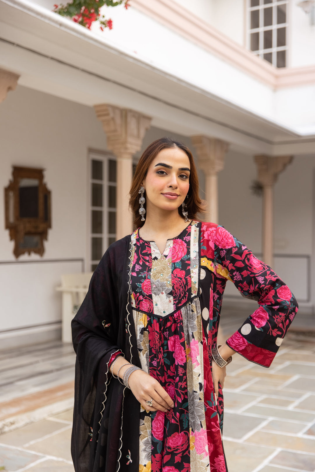 Nehamta Women's Black Cotton Kurta with Pant & Dupatta