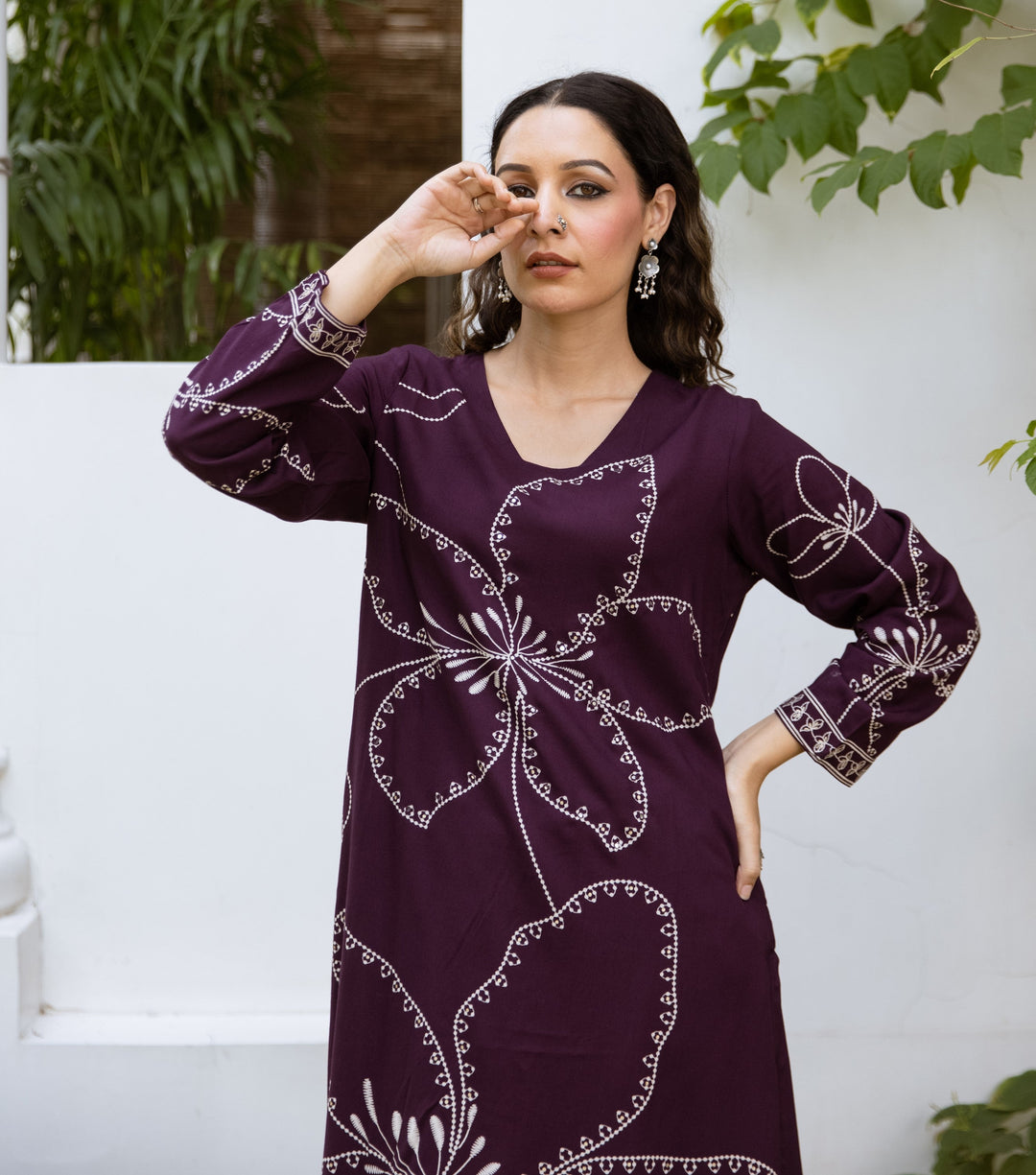 Nehamta Women's Wine German Rayon Kurta & Palazzo Set