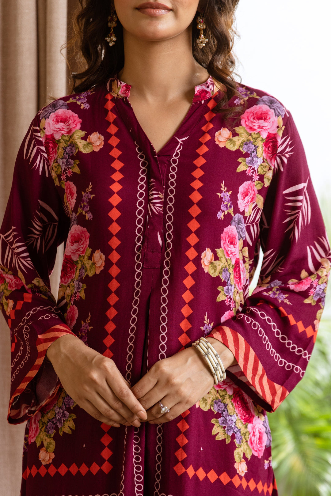 Nehamta Women's Wine Rayon Tunic & 1 Palazzo Co-Ords Set
