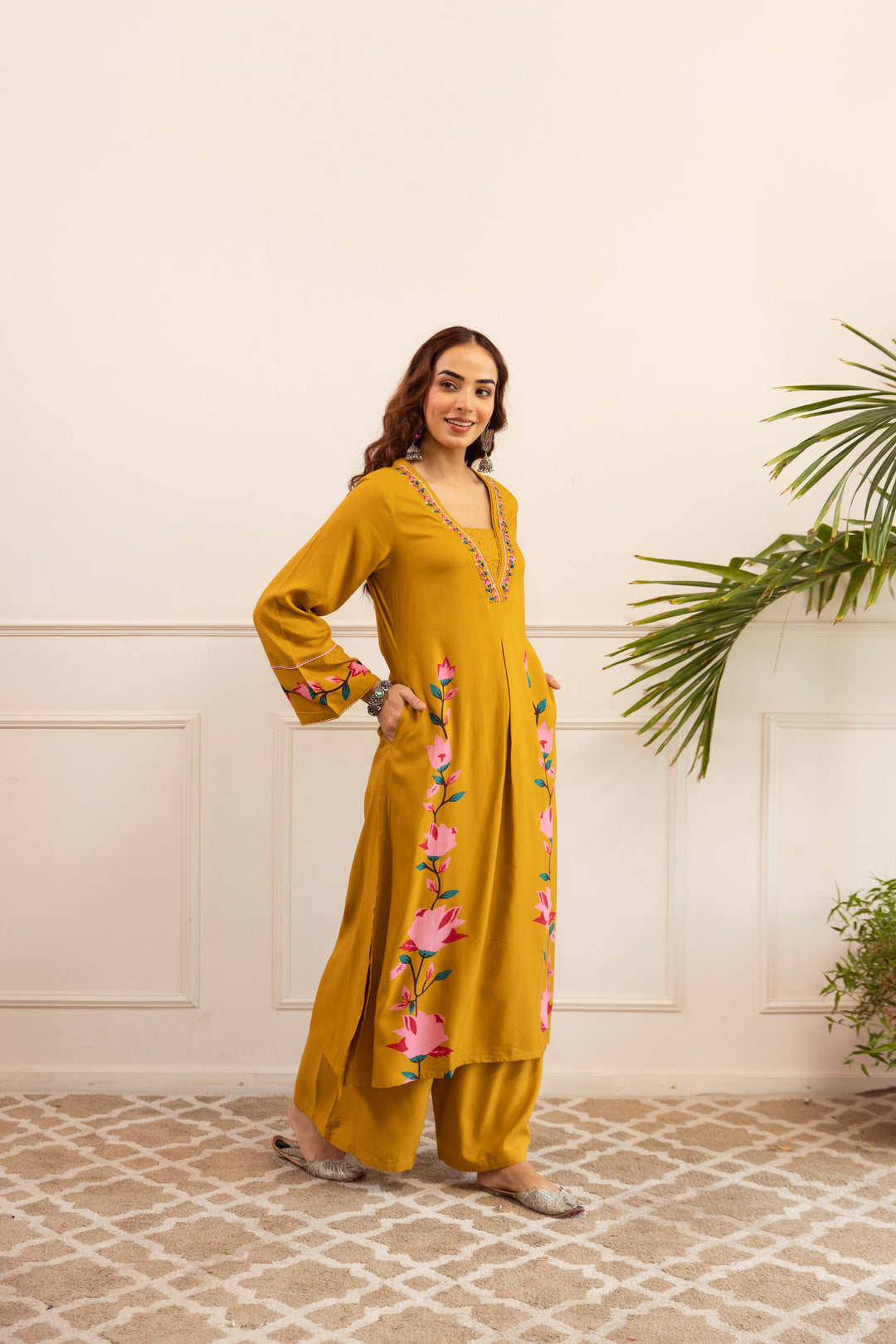 Nehamta Women's Mustard German Rayon Kurta & Palazzo Set