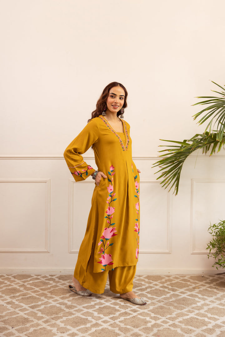 Nehamta Women's Mustard German Rayon Kurta & Palazzo Set