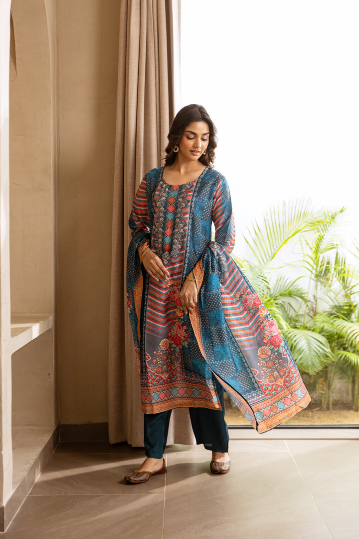 Nehamta Women's Teal Blue Viscose Muslin Kurta, Palazzo & Dupatta Set