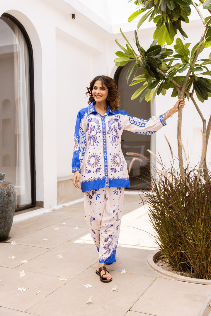 Nehamta Women's White:Blue Polyester Short Kurta With Pant Co-Ords Set