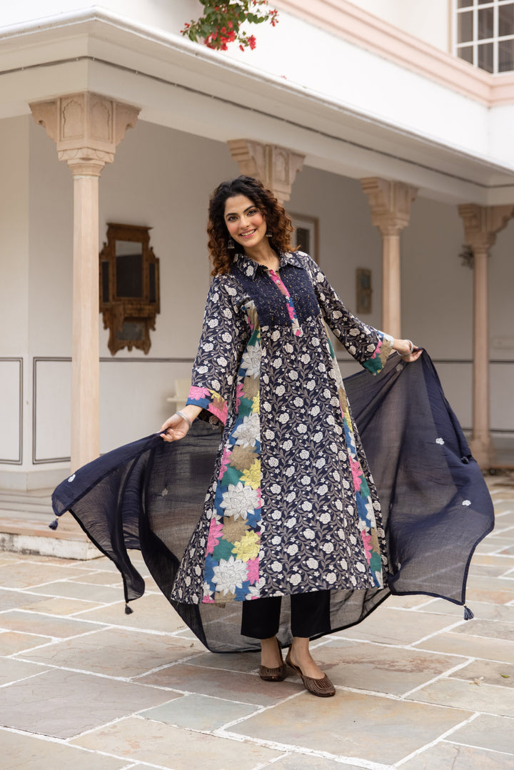 Nehamta Women's Navy Blue Cotton Kurta with Pant & Dupatta