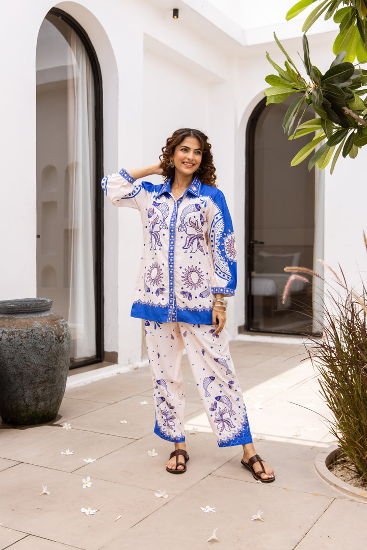 Nehamta Women's White:Blue Polyester Short Kurta With Pant Co-Ords Set