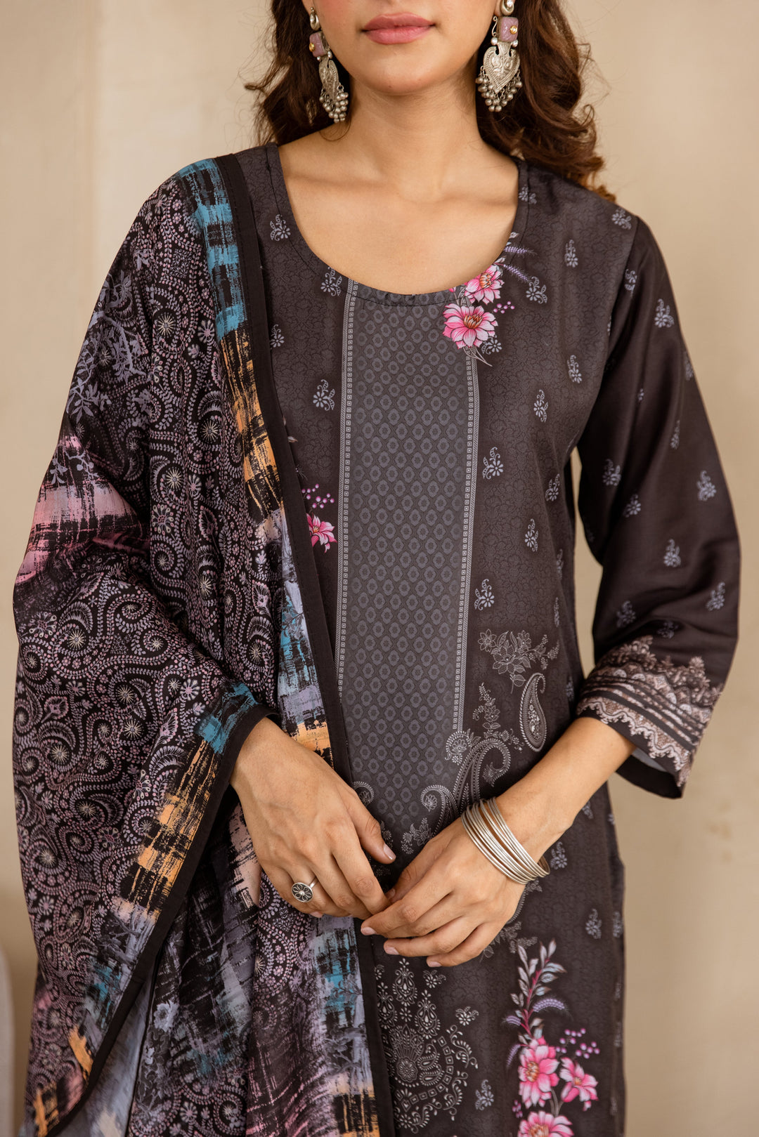 Nehamta Women's Black Viscose Muslin Kurta, Pant & Dupatta Set