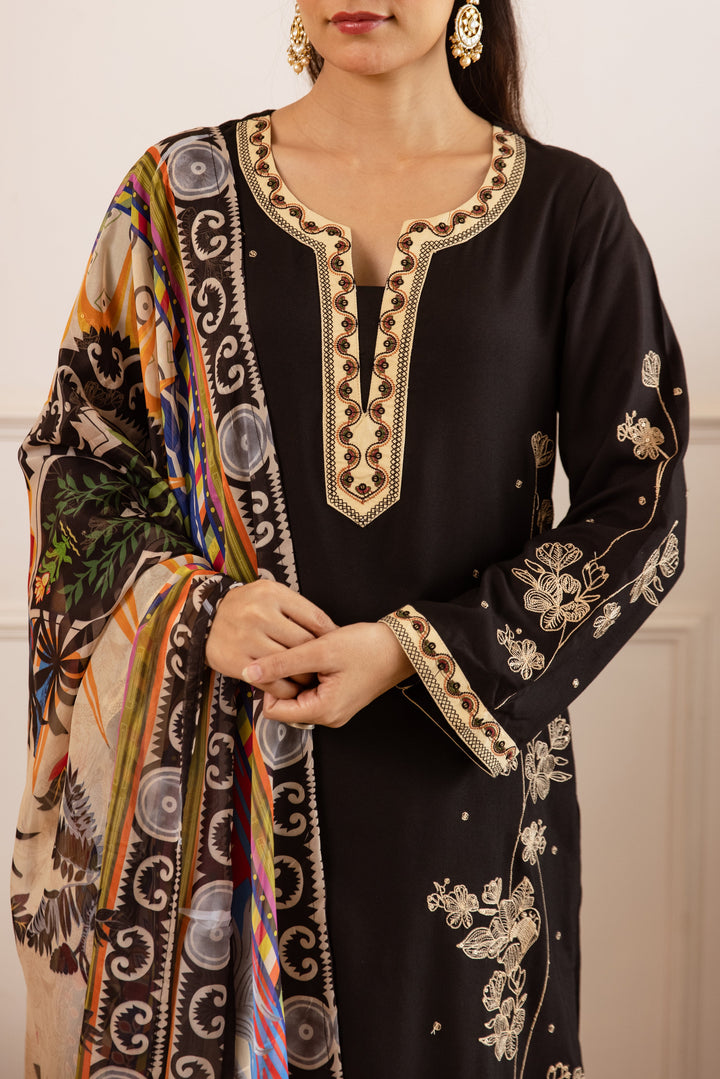 Nehamta Women's Black German Rayon Kurta with Palazzo & Dupatta