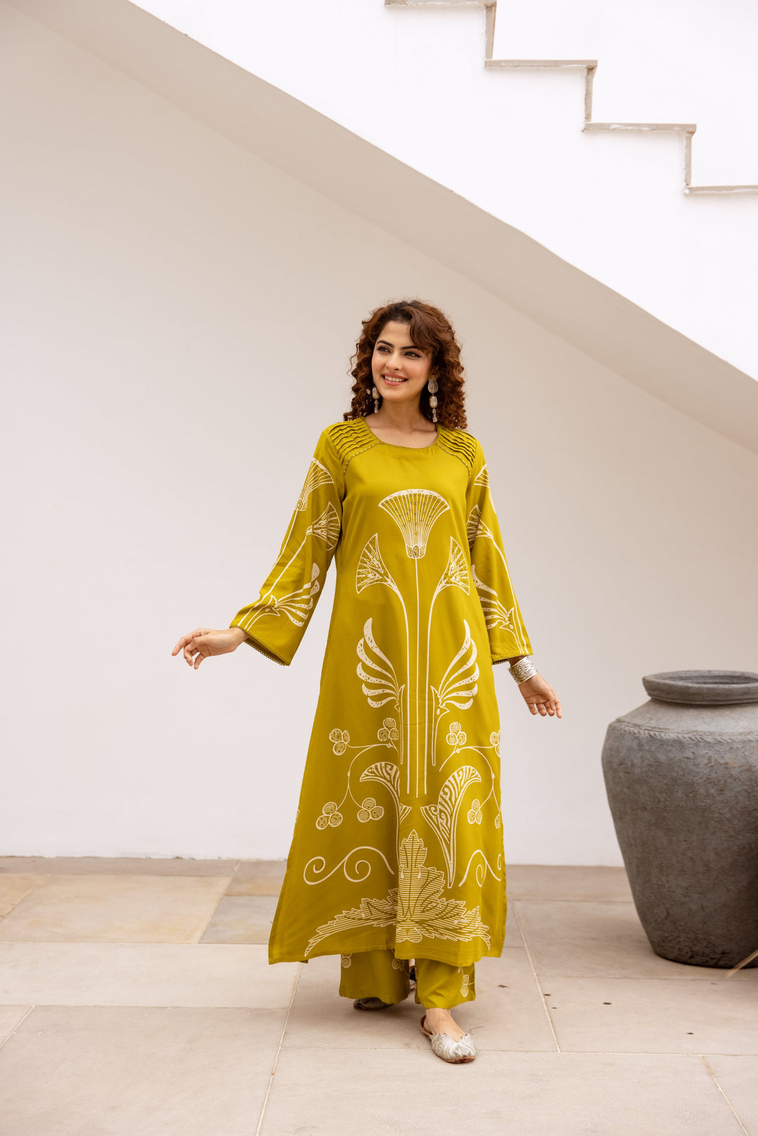 Nehamta Women's Lime Green German Rayon Kurta & Palazzo Set