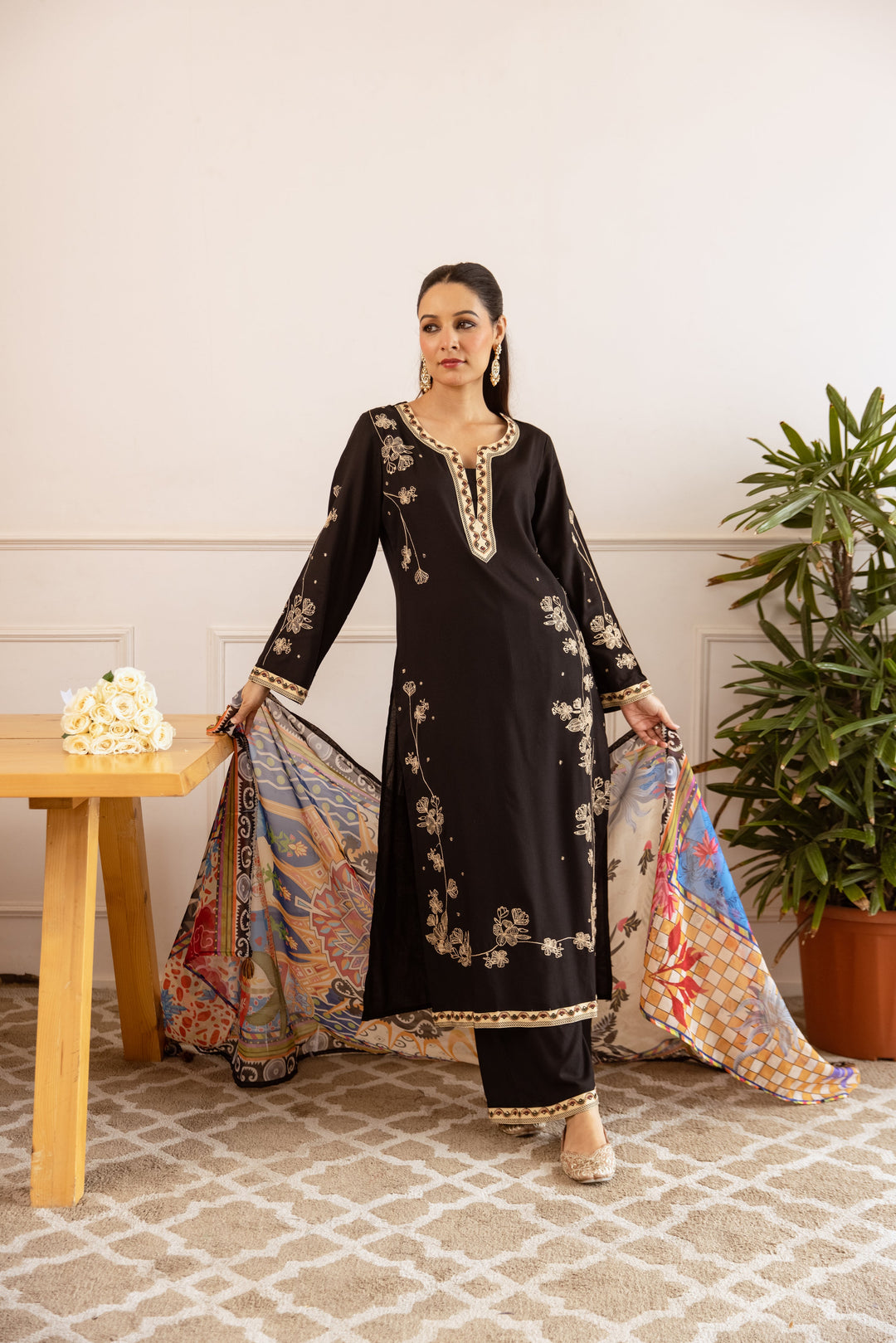 Nehamta Women's Black German Rayon Kurta with Palazzo & Dupatta