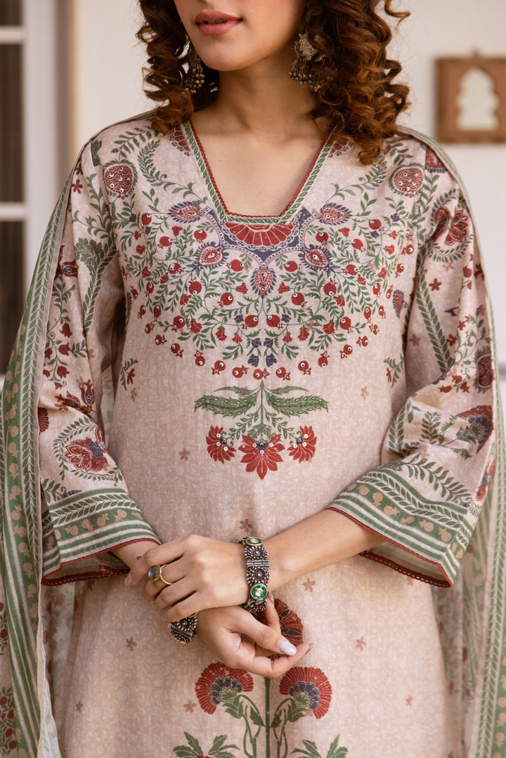 Nehamta Women's Beige Cotton Blend Kurta with Palazzo & Dupatta