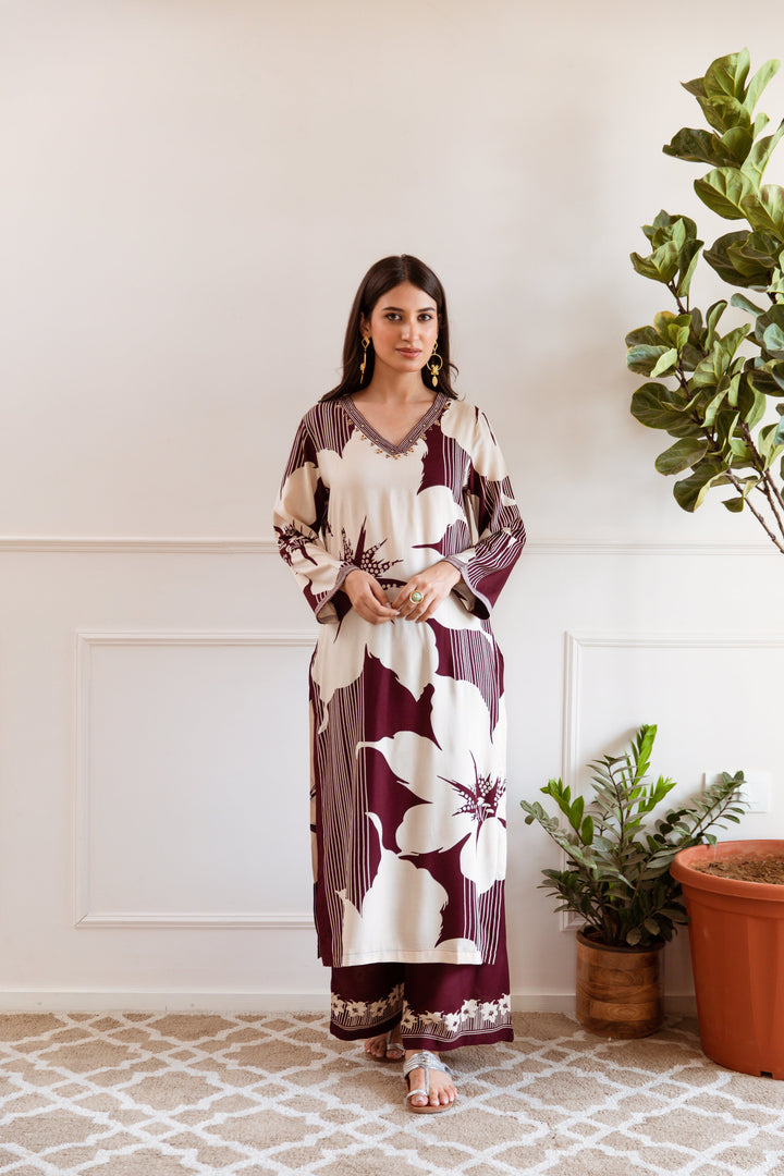 Nehamta Women's Wine:Off white German Rayon Kurta With Palazzo Set