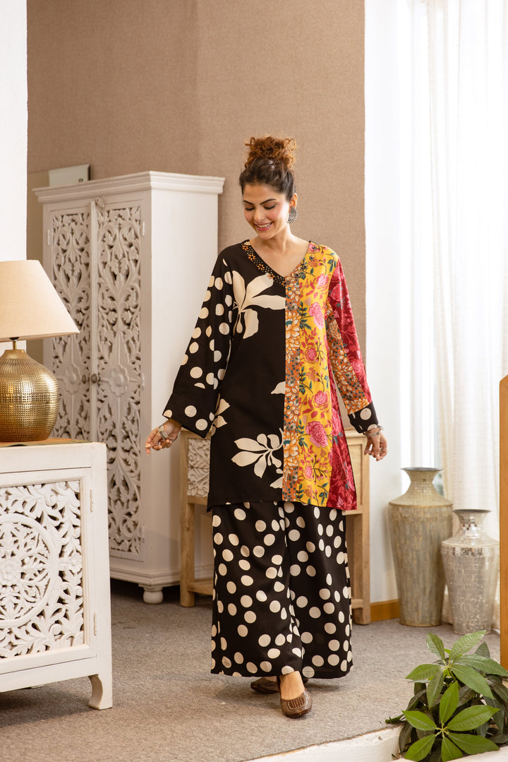 Nehamta Women's Black Rayon Kurta & Palazzo Set