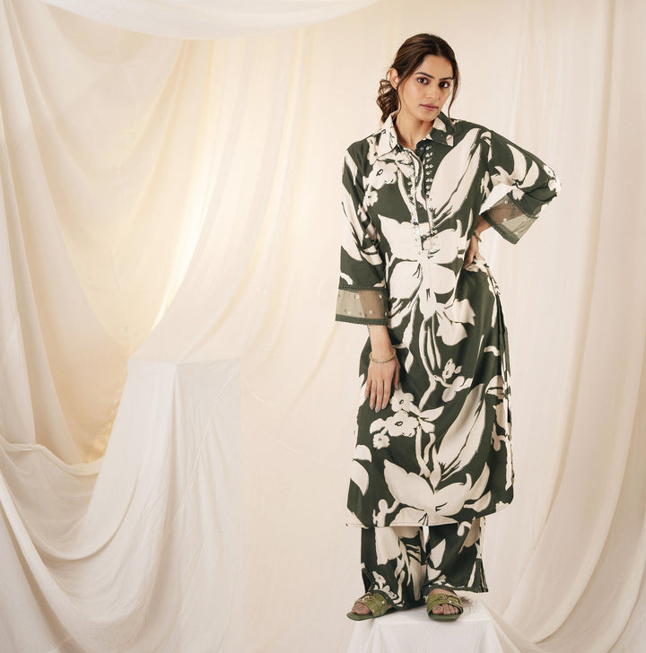 Nehamta Women's Green Rayon Kurta, Palazzo Set