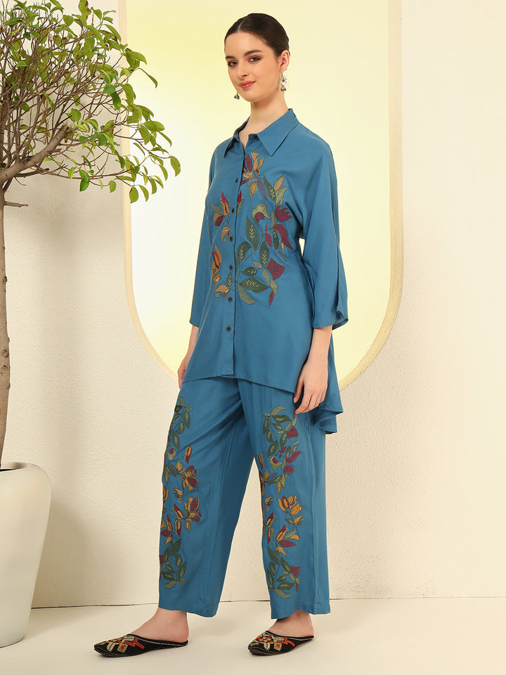 Nehamta Women's Teal Blue Rayon Co-Ord Set