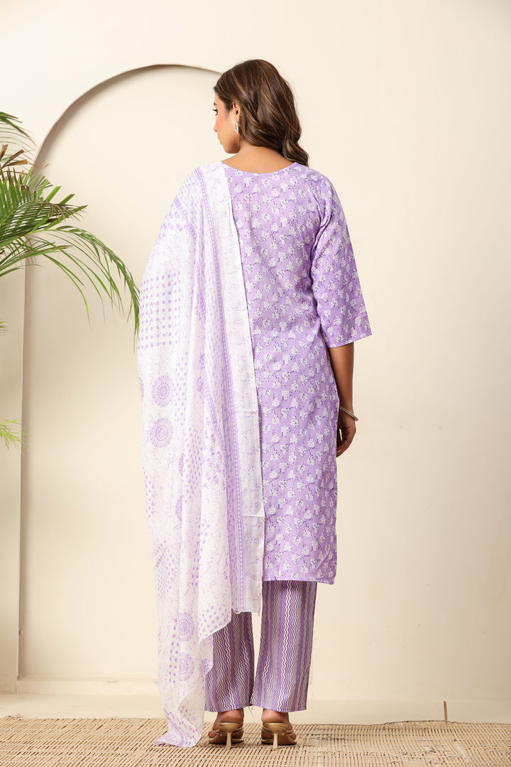 Nehamta Women's Lavender Cotton rayon Kurta, Pant & Dupatta Set