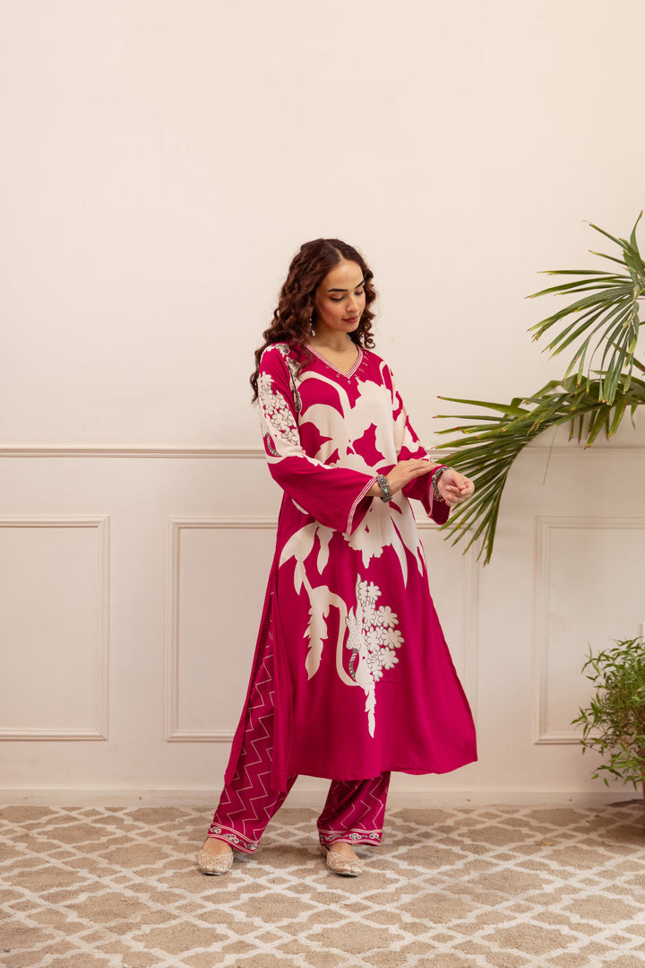 Nehamta Women's Rani Pink German Rayon Kurta & Palazzo Set