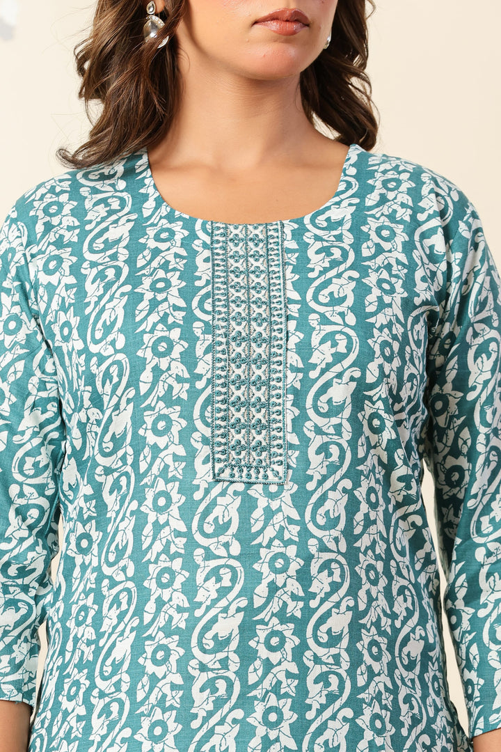 Nehamta Women's Teal Blue Cotton rayon Kurta, Pant & Dupatta Set
