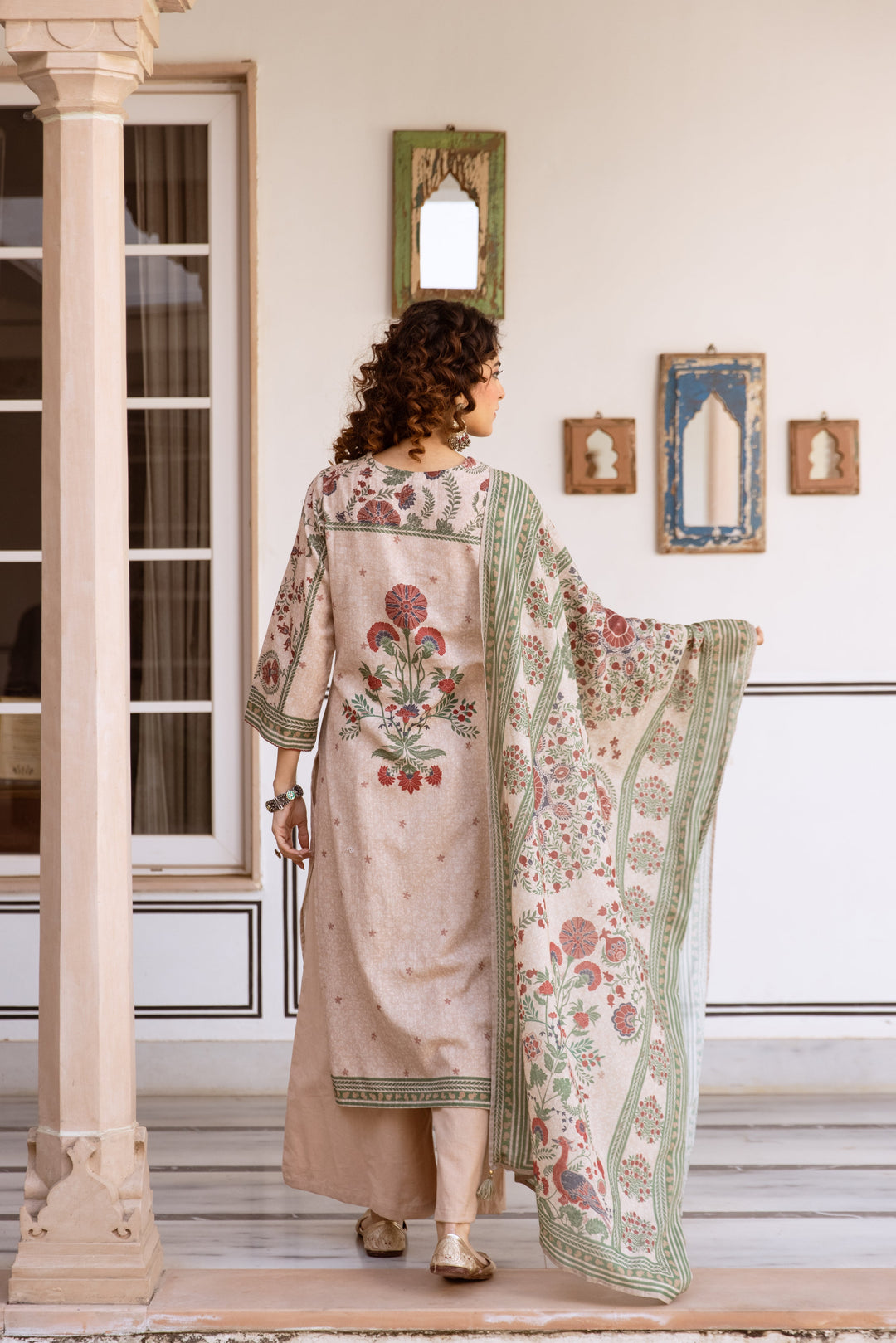 Nehamta Women's Beige Cotton Blend Kurta with Palazzo & Dupatta